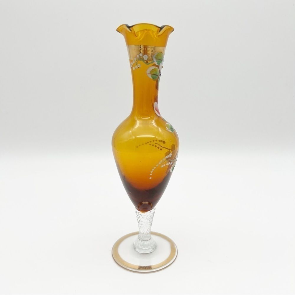 Vintage Amber Art Glass Floral Fluted Hand Painted Bud Vase With Gold Trim 7.75” - Picture 7 of 10